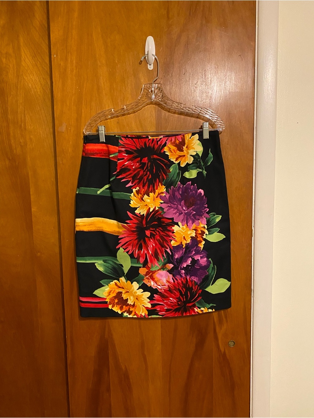 Premise Colorful Black Floral Pencil Skirt with Red, Yellow and Purple Blooms